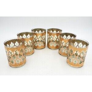 Culver Valencia 22K Gold Filigree Straight Low-Ball Glass Green Diamond Set/6